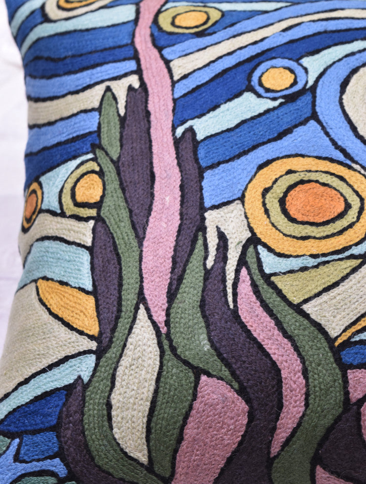 Blue Starry Night Decorative Pillow Cover Van Gogh Hand Embroidered Wool 18x18