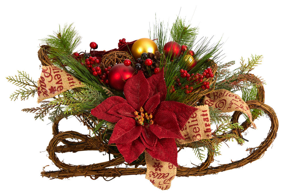18" Christmas Sleigh With Poinsettia, Berries, Pinecone Arrangement