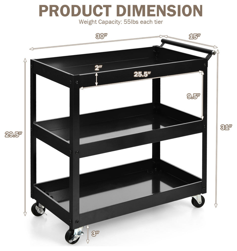 Costway 3-Tier Utility Cart Metal Storage Service Trolley 330lbs Capacity