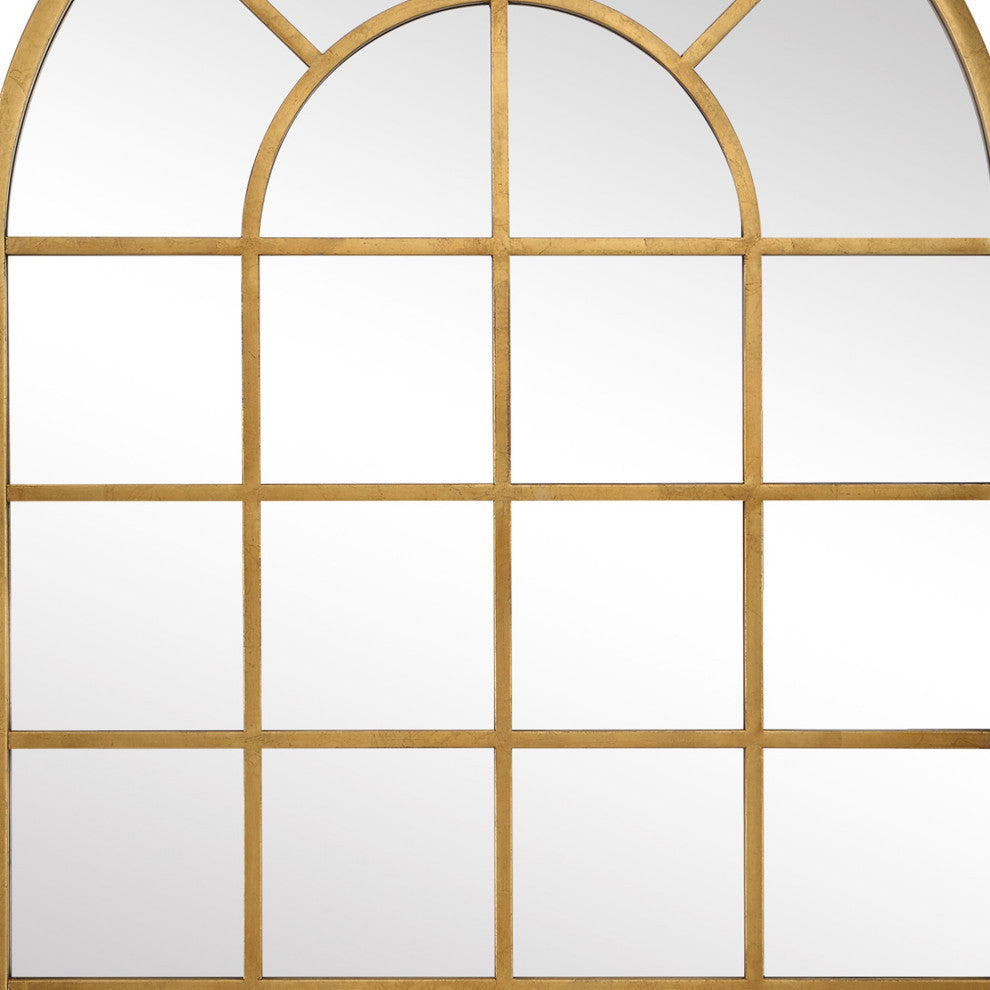 44 Inch Wood Wall Mirror, Arched Windowpane Shape, Antique Gold