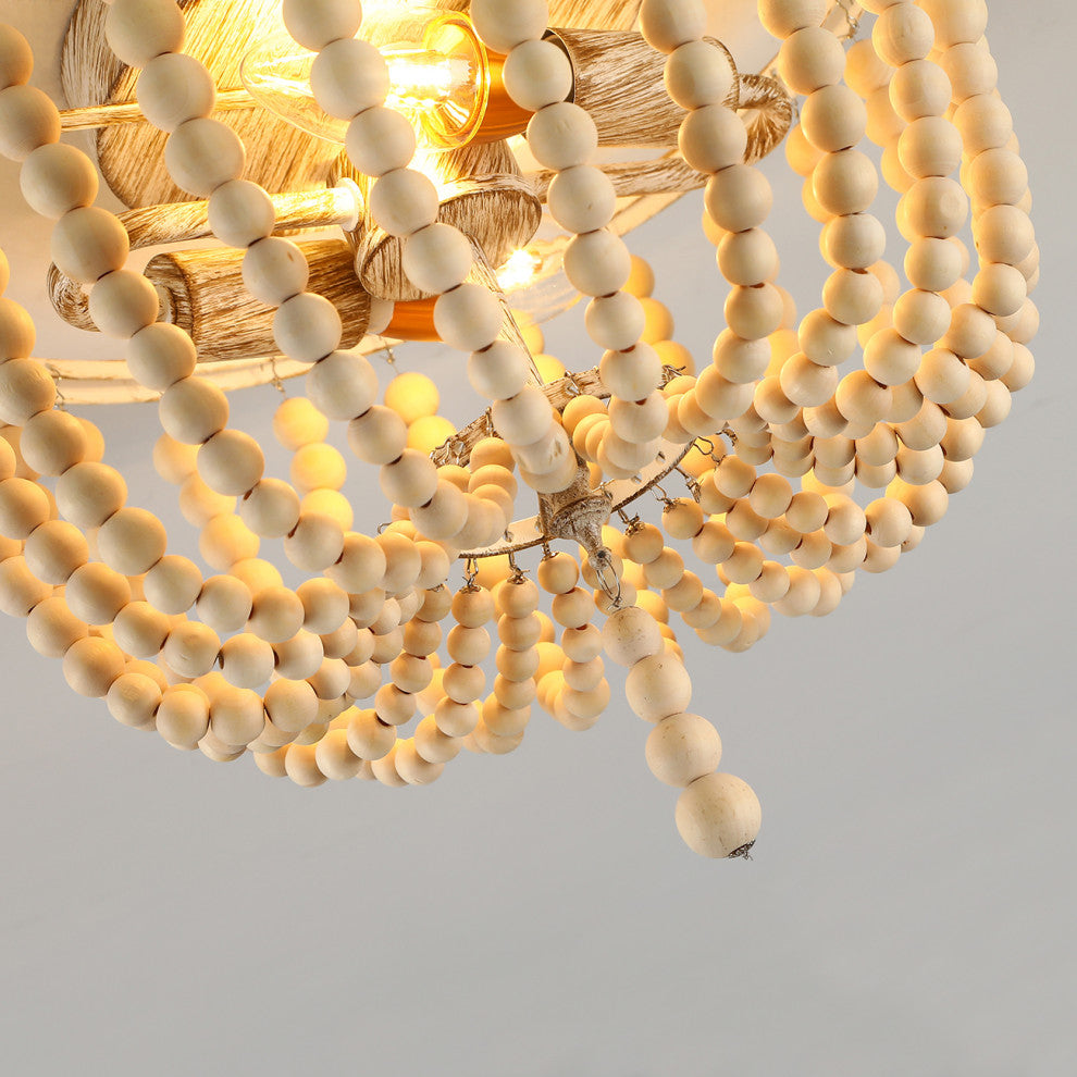 2-Lights Antique Rustic Wood Beaded Flush Mount Light