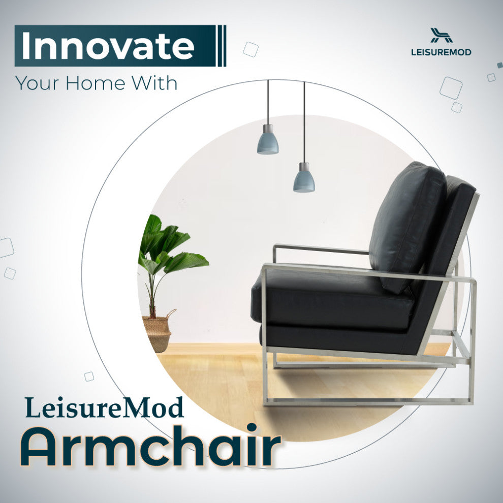 LeisureMod Jefferson Faux Leather Accent Armchair With Silver Frame, Black