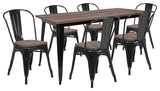 30.25" x 60" Metal Table Set with Wood Top and 6 Stack Chairs, Black