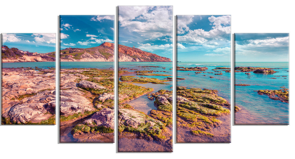 Morning on the Giallonardo Beach, Seashore Canvas Art Print, 60"x32", 5 Panels