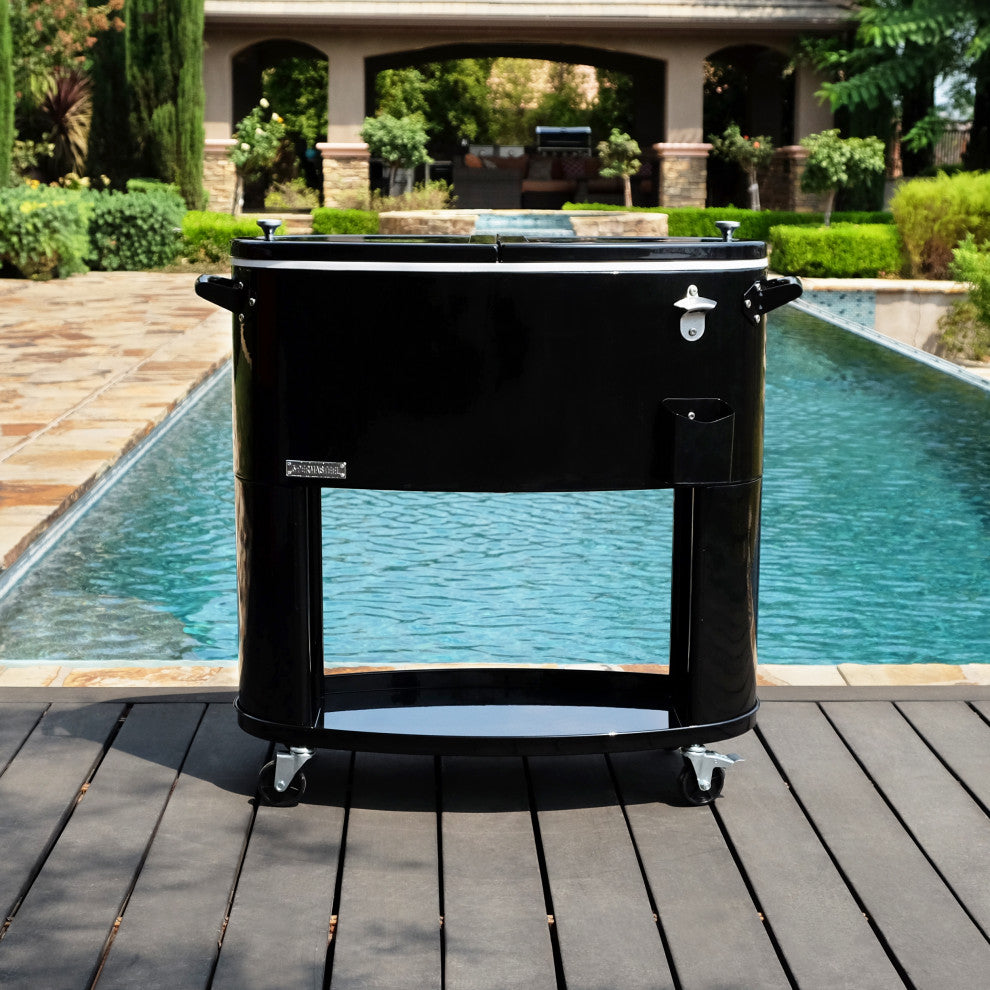 Permasteel 80 Quart Portable Rolling Oval Patio Cooler, Black