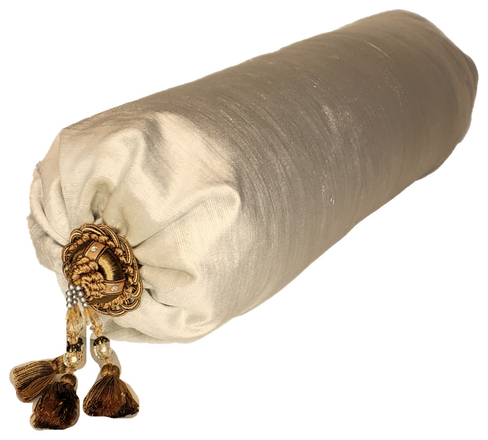 Velvet Bolster Round Roll Pillow With Tassel Trim, Offwhite, 6x18