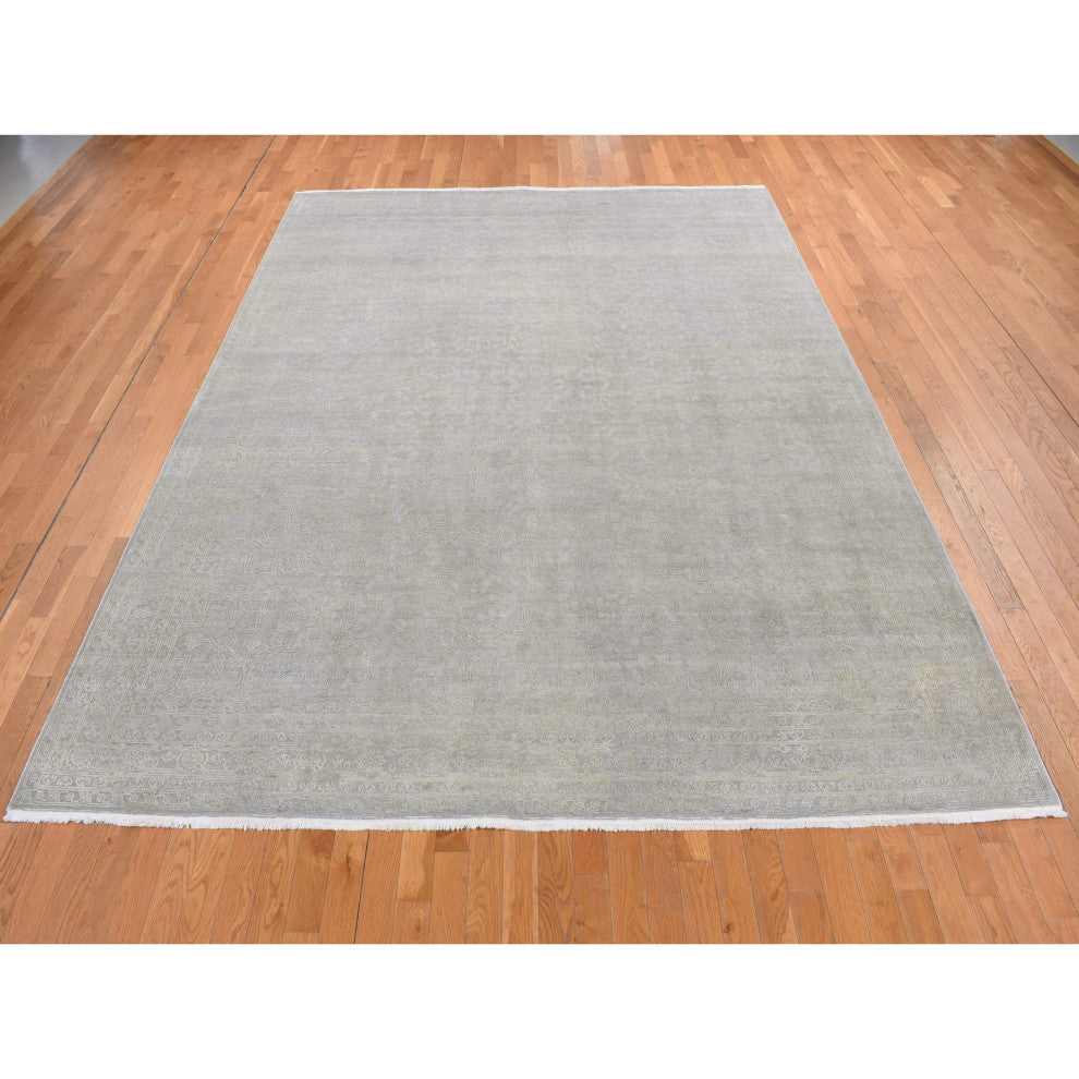 Battleship Gray, Silk With Wool, Tone on Tone, Hand Knotted, Rug, 8'10"x12'