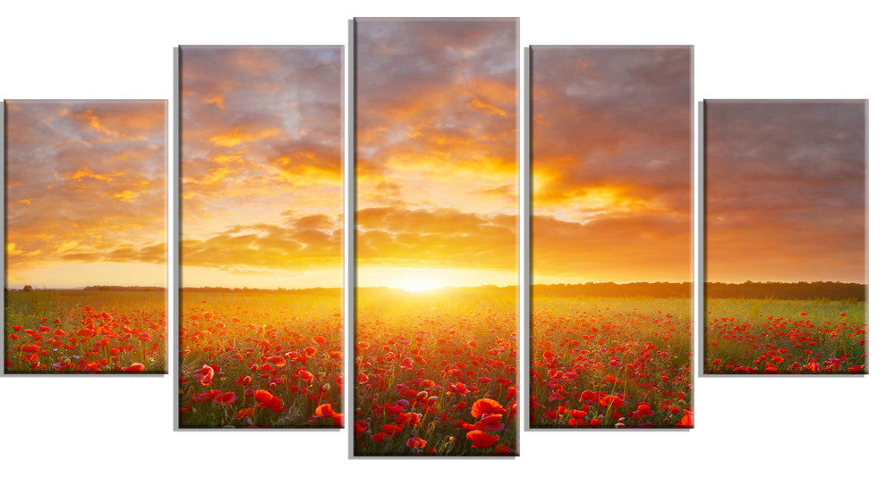 Poppy Field under Bright Sunset, Landscape Canvas Art Print, 60"x32", 5 Panels