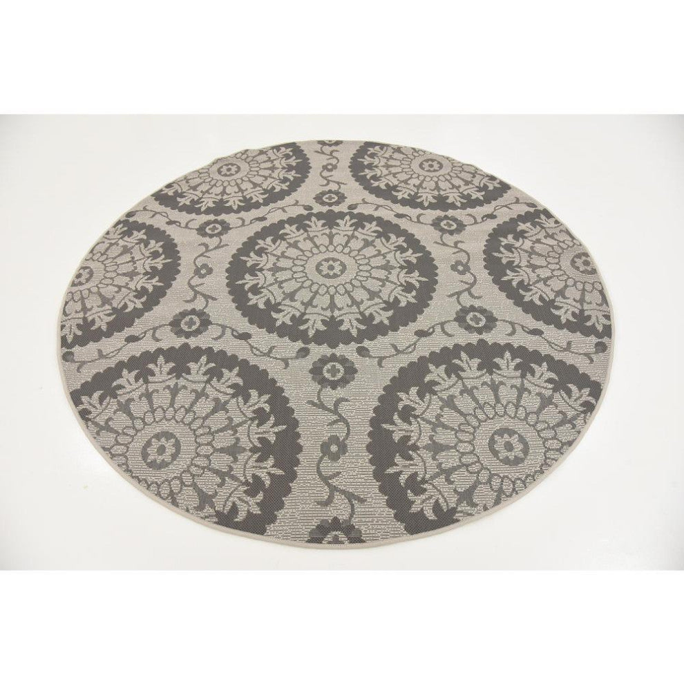 Rug Unique Loom Outdoor Botanical Gray Round 6' 0 x 6' 0