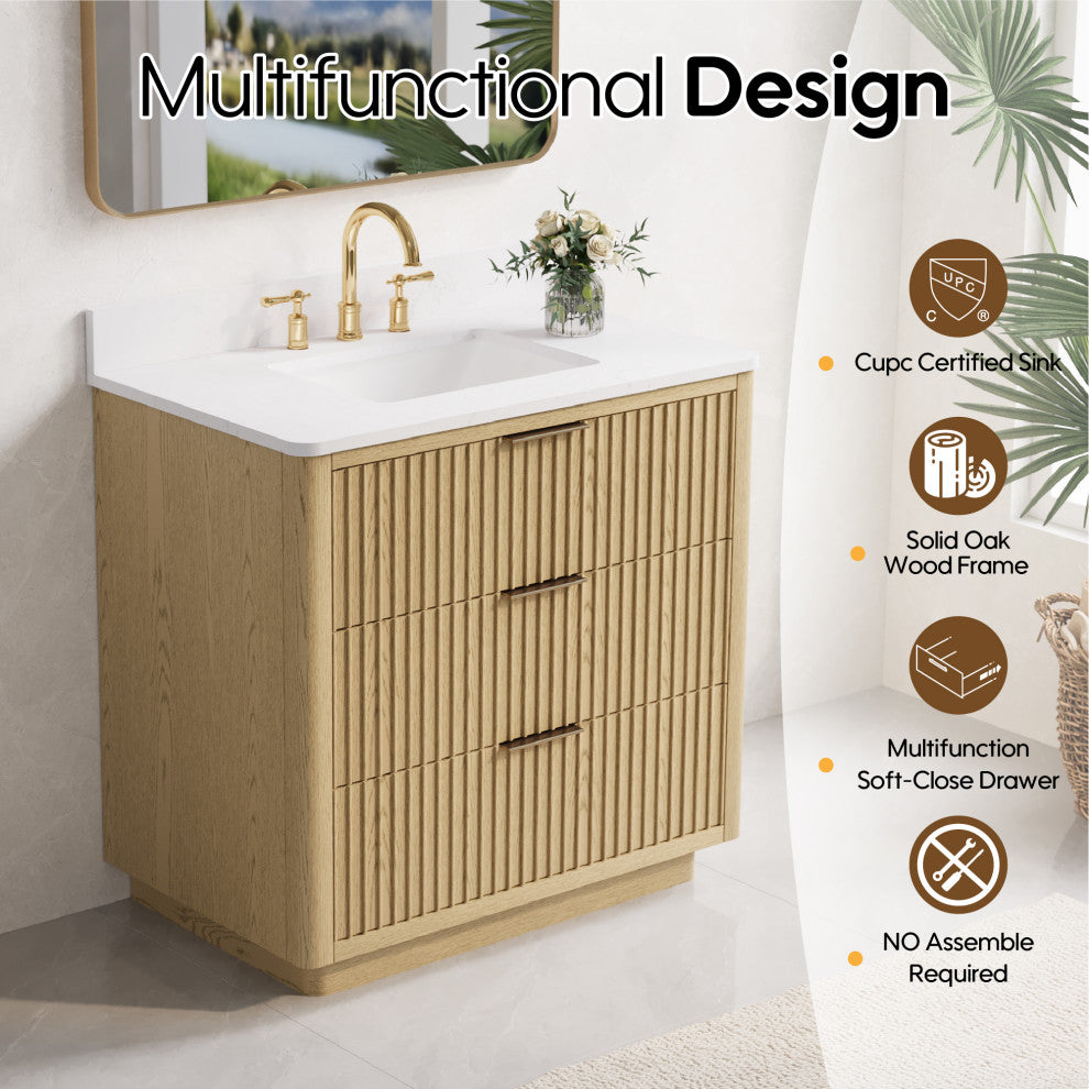 Solid Wood Freestanding Bathroom Vanity with White Quartz Top and Backsplash, 36"