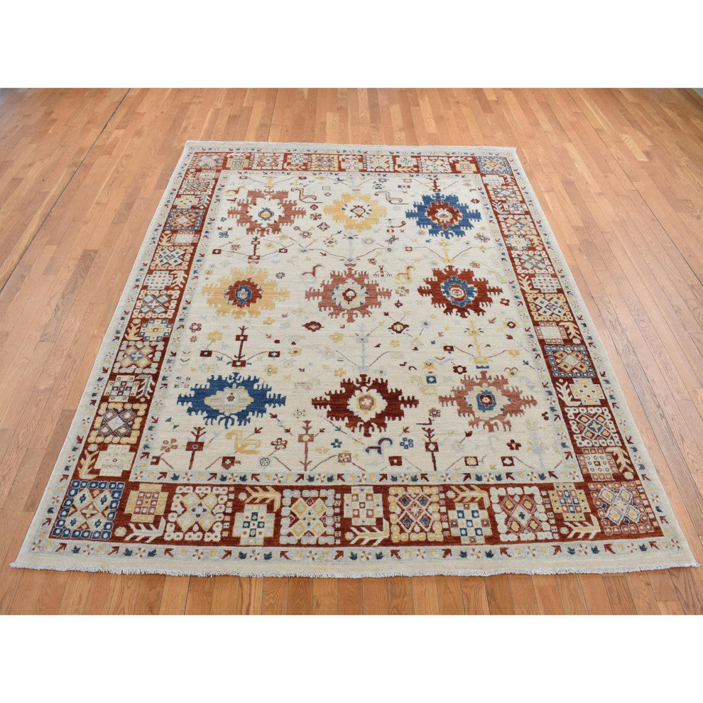 Parchment White, Peshawar With Mahal Design, Hand Knotted Wool Rug, 7'9"x9'9"