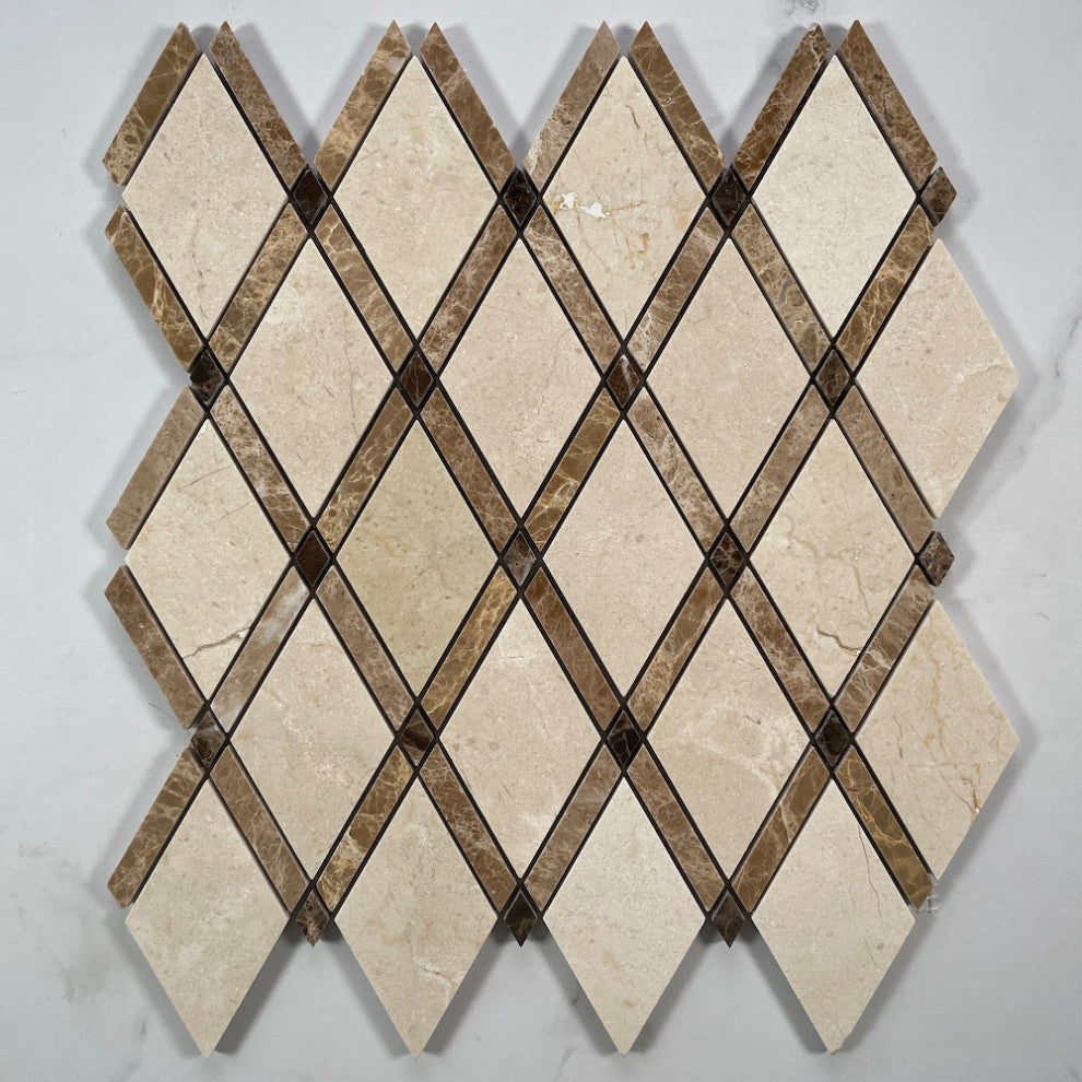 Crema Marfil Marble Diamond Lattice Tile Emperador Brown Polished, 1 sheet