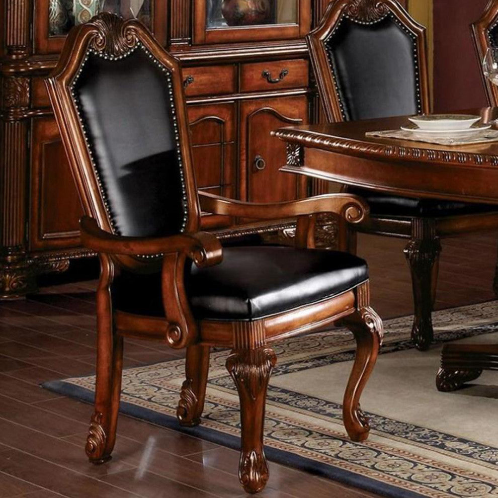 Set of 2 Black PU Upholstered Dining Armchair, Cherry Finish