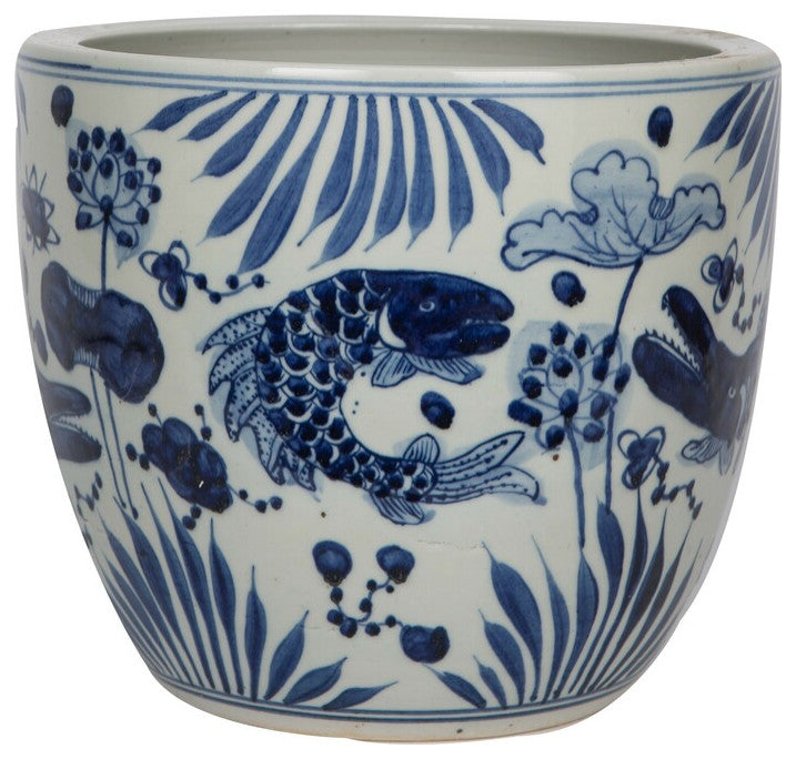 Blue And White Porcelain Planter Fish Lotus Motif