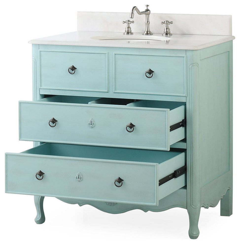 34 Inch Distressed Antique White Daleville Cottage Style Bathroom Sink Vanity, Distressed Light Blue, 34''