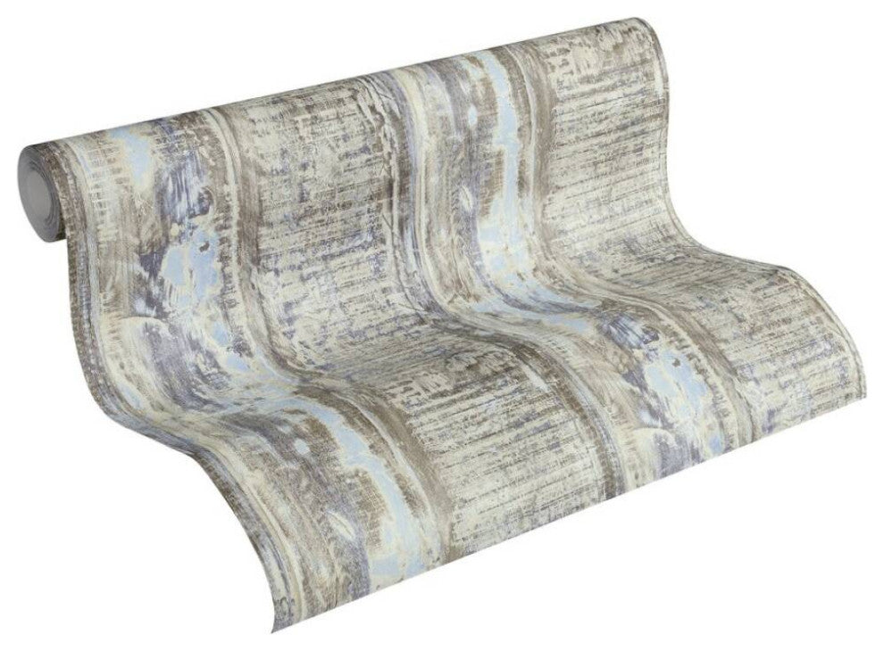Faux Textured Wallpaper, Wooden Look, Beige Blue Brown, One Roll