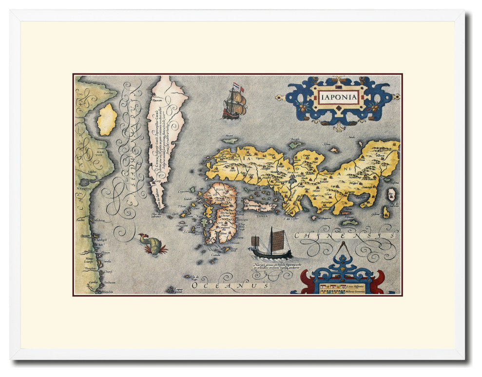 Japan Old Map Print On Canvas With Picture Frame Art Collection 16" X 21"