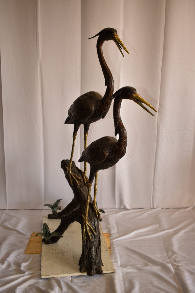 Two Herons on a Tree log Bronze Fountain Statue 38" x 19" x 64"H