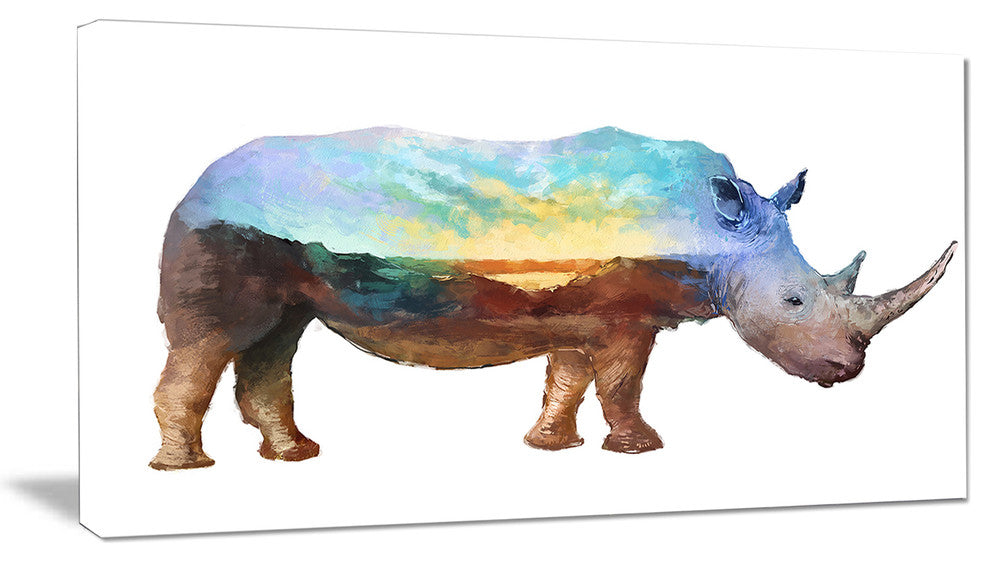 Rhino Double Exposure Illustration, Large Animal Canvas Art Print, 32"x16"