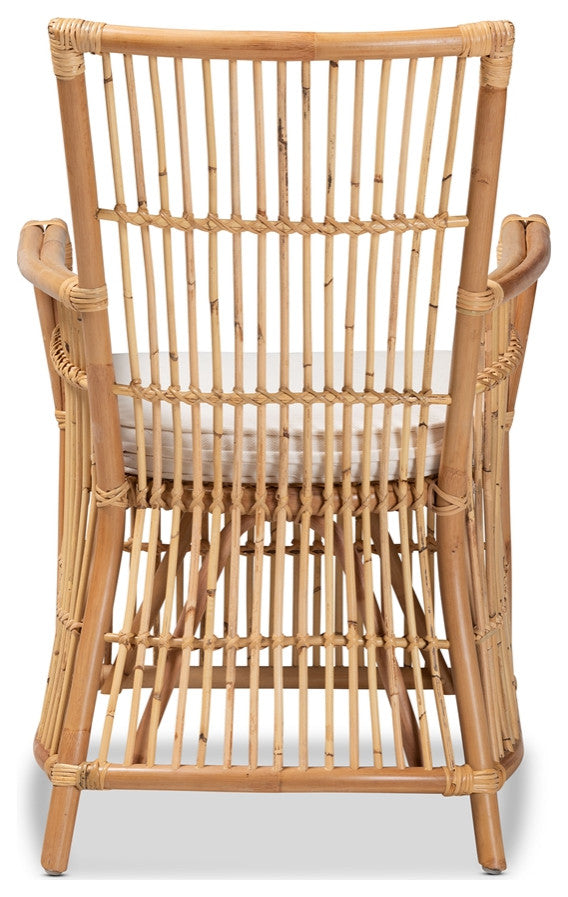 Modern Bohemian White Fabric Upholstered and Natural Brown Rattan Armchair