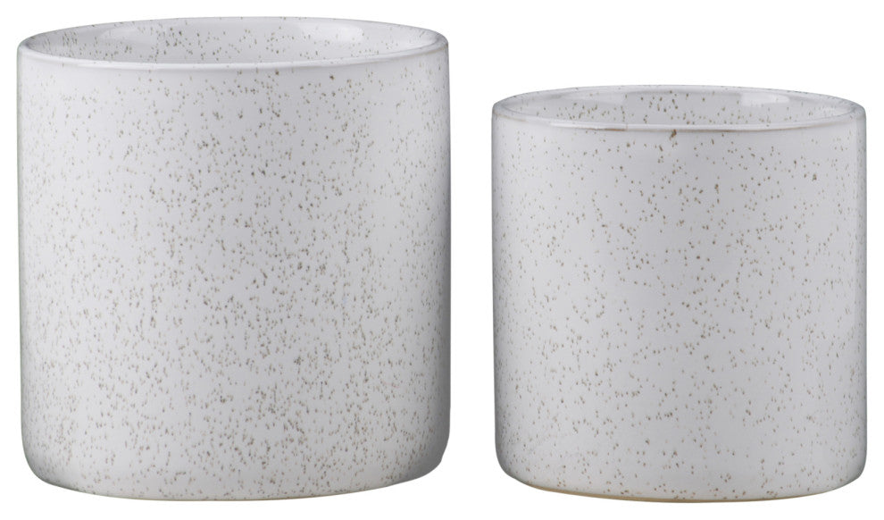 Round Ceramic Pot With Speckled Brown Design, Gloss White, Set of 2