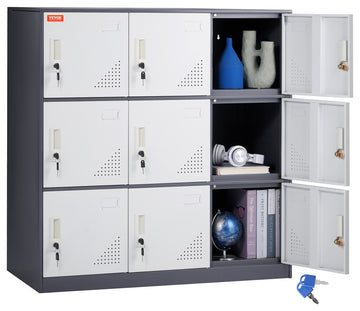 Metal Locker Cabinet 9 Compartment Steel Office School Gym Organize Storage, Gray