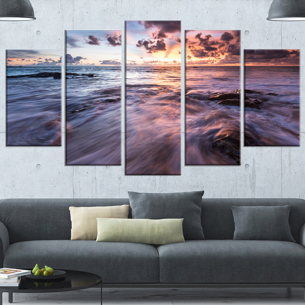 Waves Hitting Rocky Beach, Beach Photo Canvas Print, 60"x32", 5 Panels