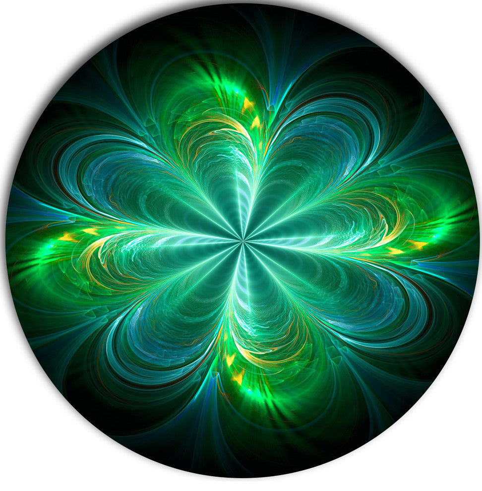 Green Fractal Flower Blooming, Abstract Art Disc Metal Artwork, 11"