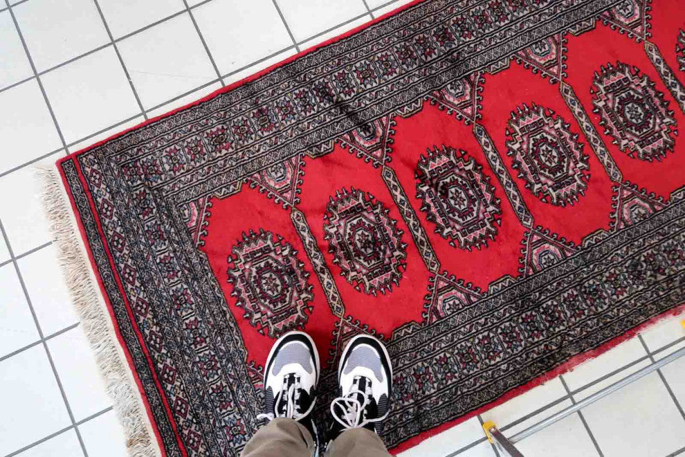 Handmade Vintage Uzbek Bukhara Rug 3'x6.1', 92cmx186cm 1970s