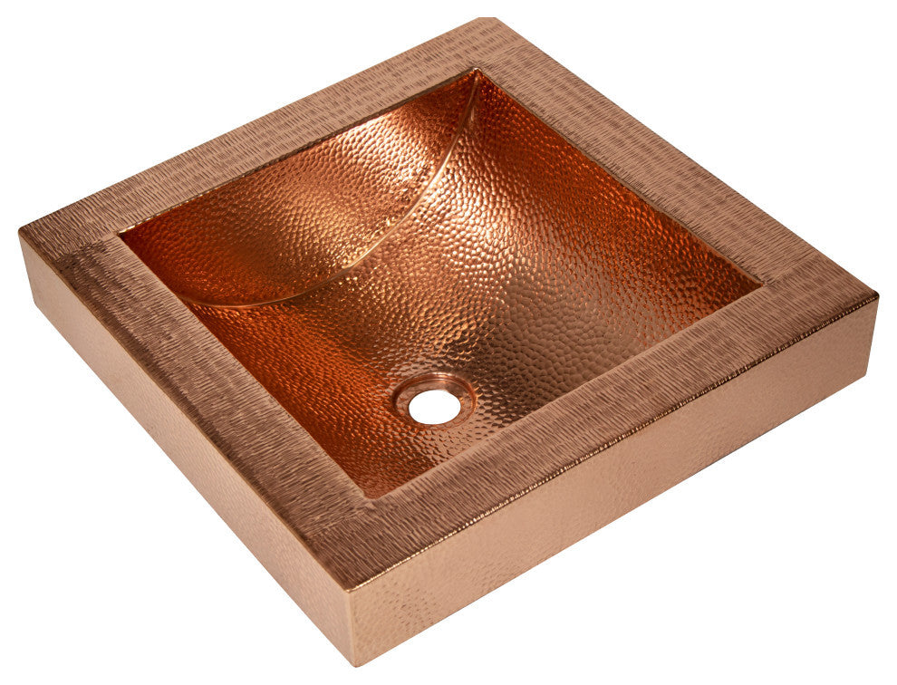 17" Square Apron Curved Bottom Hammered Copper Bathroom Sink, 17 Gauge