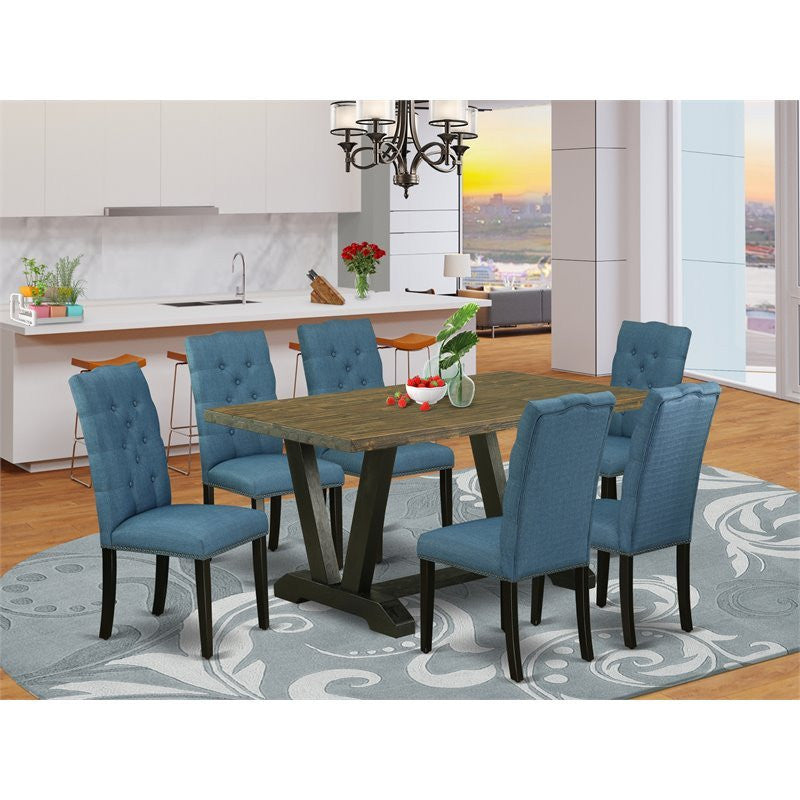 V676El121-7, 7-Piece Set Jacobean Table and 6 Linen Fabric Chairs, Black