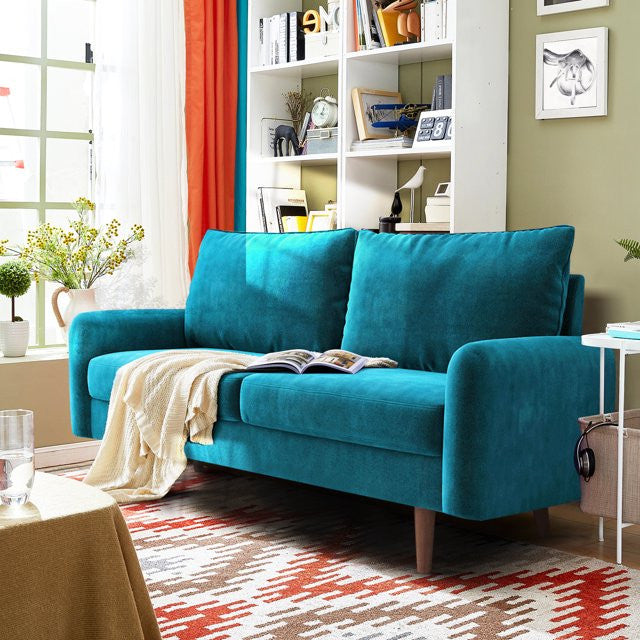 Retro Modern Velvet Loveseat with Tapered Wood Legs and Comfy Upholstered Seat, Dark Cyan