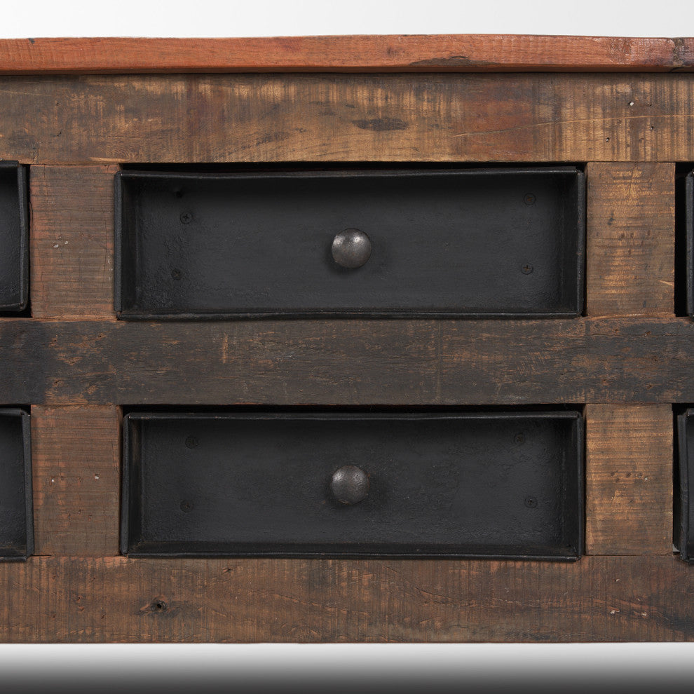 Wilton Brown Wood With 12 Black Metal Drawers Coffee Table