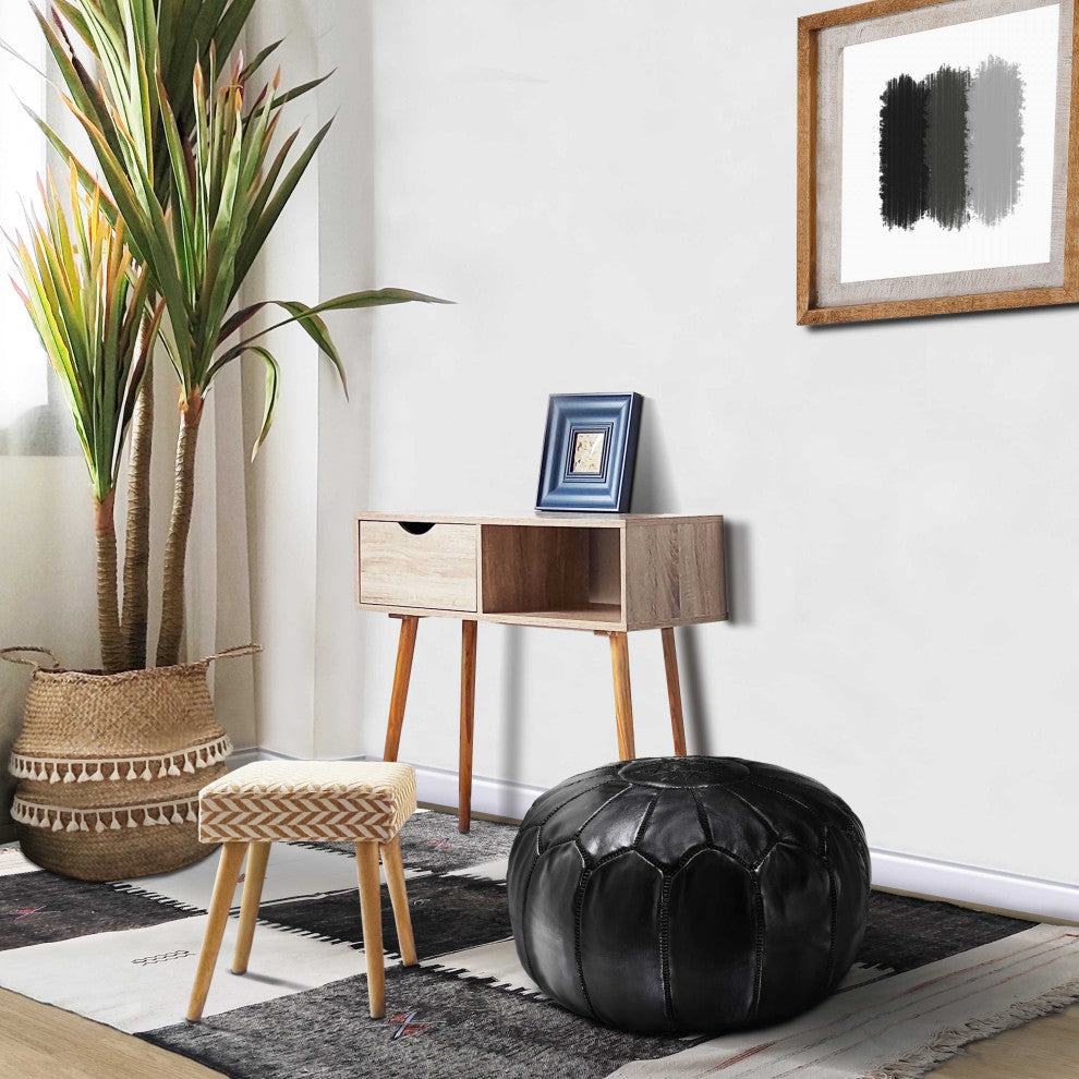 Handmade Moroccan Ottoman, Genuine Leather Pouf, Black