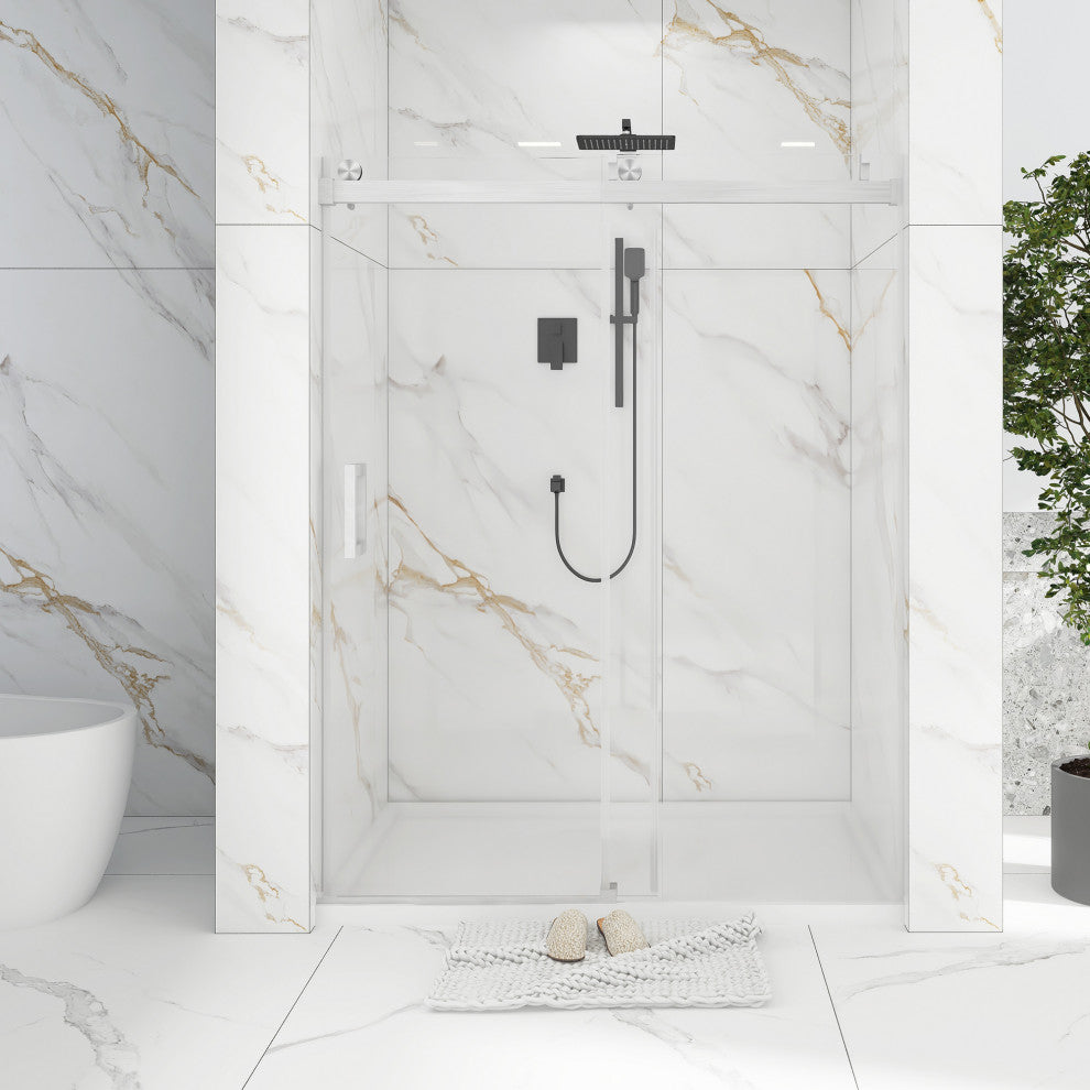 72" W x 76" H Single Sliding Frameless Shower Door, Buffer, Brushed Nickel