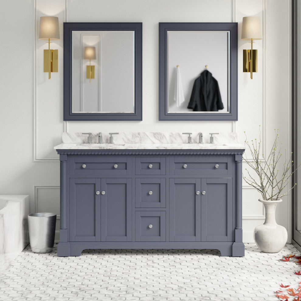 Sydney 60" Bathroom Vanity, Marine Gray, Carrara Marble, Double Sink