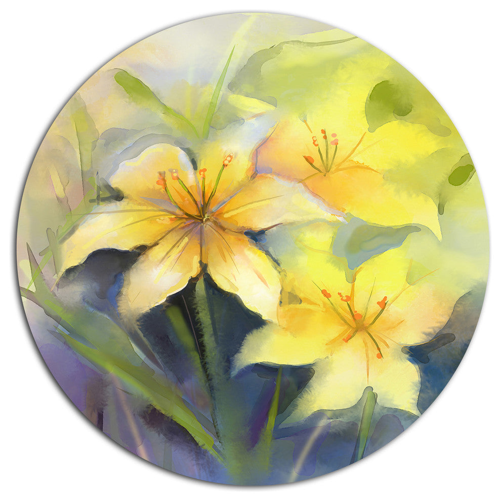 Watercolor Painting Yellow Lily Flower, Floral Disc Metal Wall Art, 36"