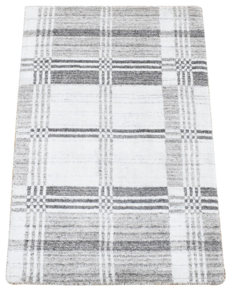 Ivory/Gray Hand Loomed Modern Plaid Design 100% Wool Mat Oriental Rug, 2'x3'