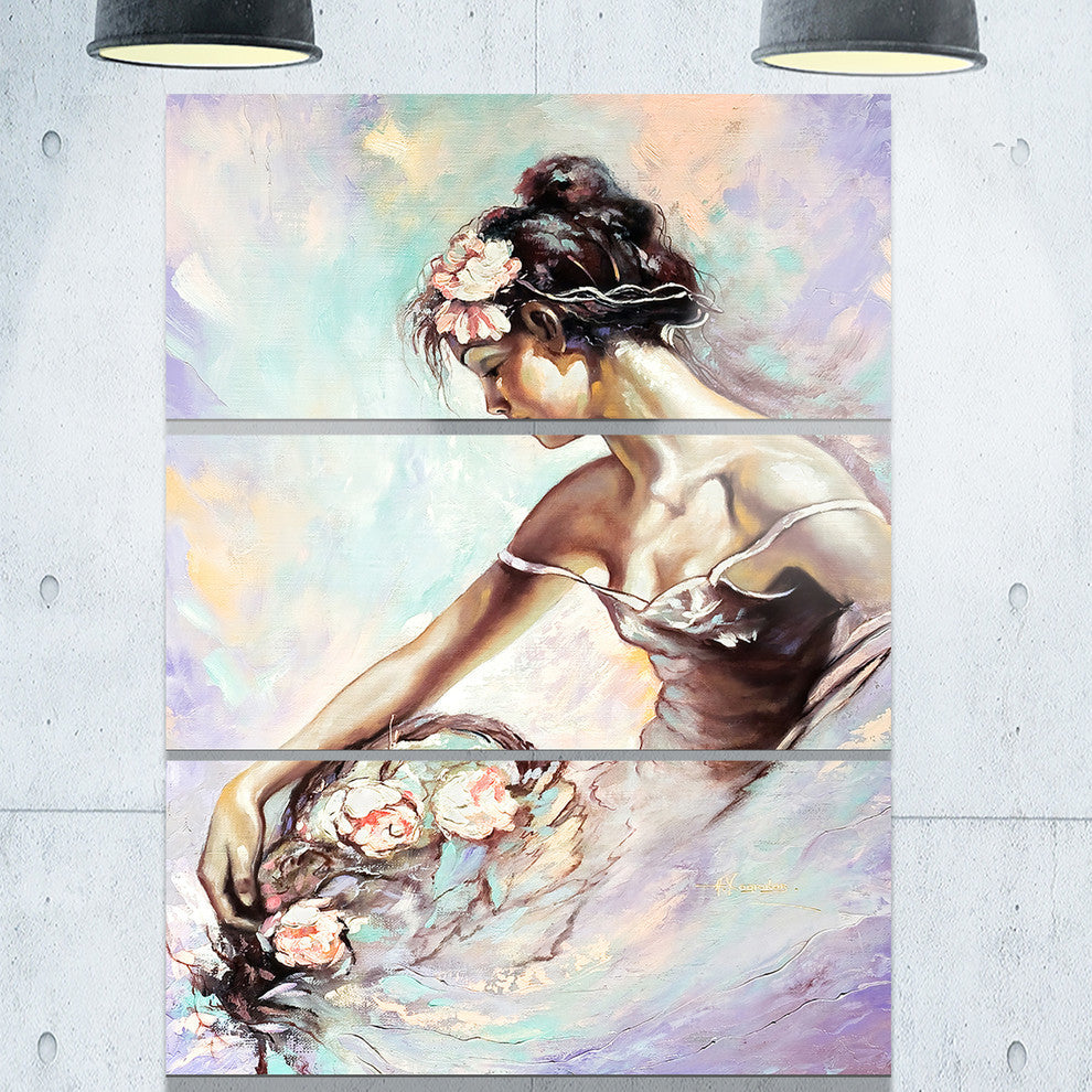 "Girl With Flower Bouquet" Glossy Metal Wall Art, 3 Panels, 28"x36"