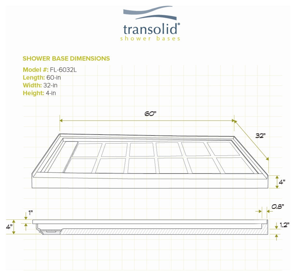 Transolid Linear 60"x32" Rectangular Alcove Shower Base with Left Hand Drain, White, Left Hand