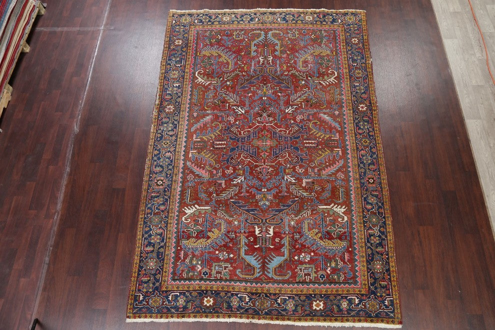 Consigned, Persian Oriental Antique Handmade Low Pile Carpet, Red, 10'4"X7'0"