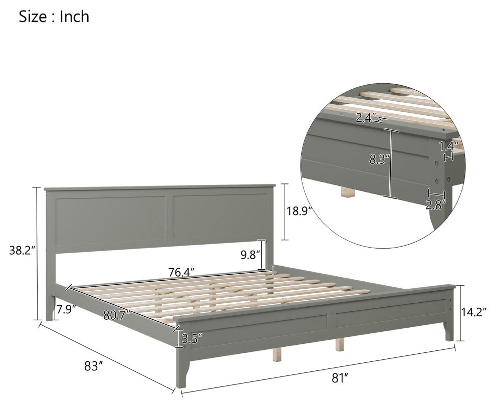Gewnee Modern Gray Solid Wood King Platform Bed