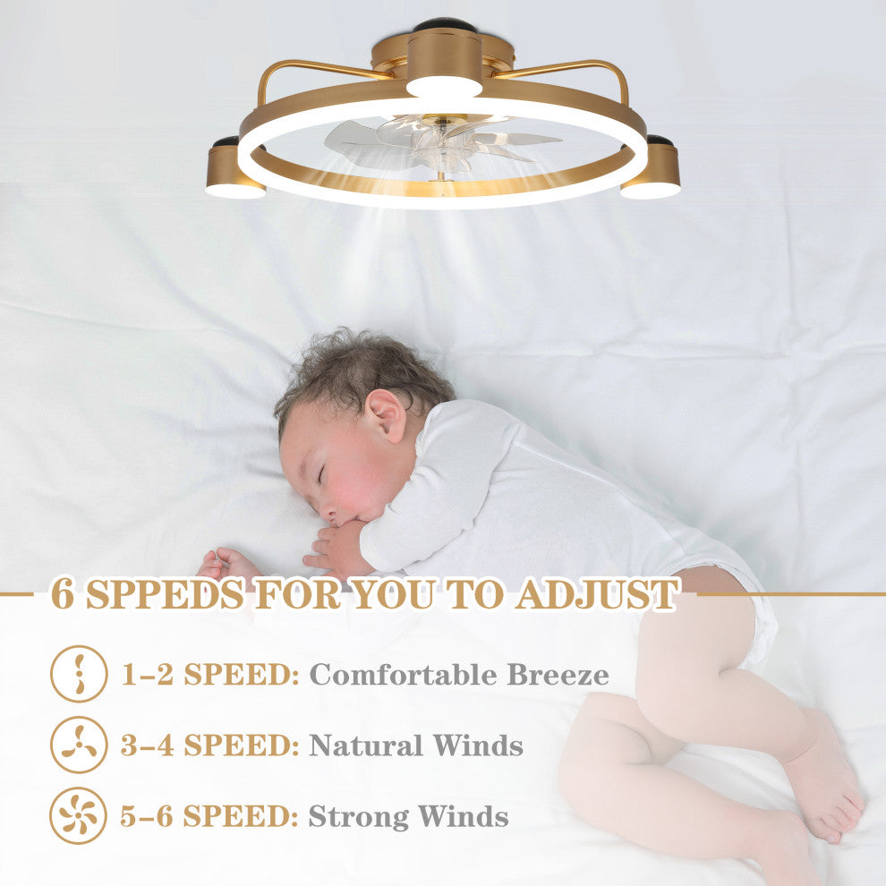 3-Light Flush Mount Ceiling Fan with Dimmable LED Light and Remote APP Control, Gold