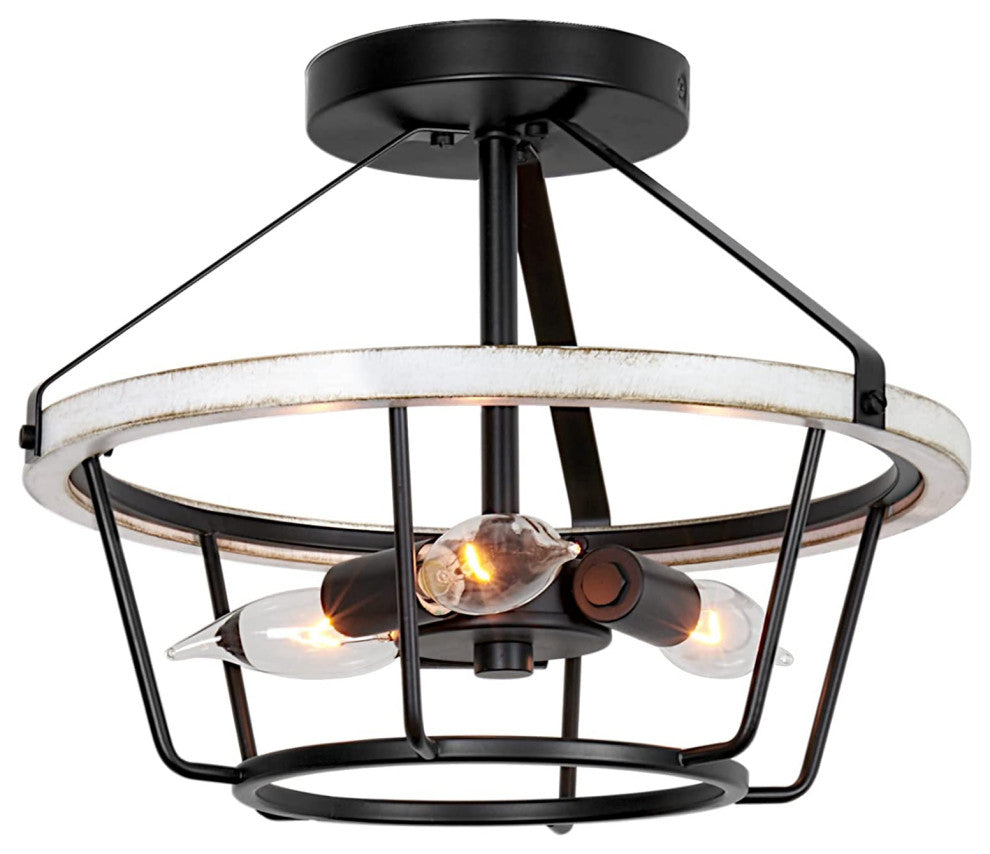3 Light Rust Semi Flush Ceiling Light Wood Black Ceiling Lamp