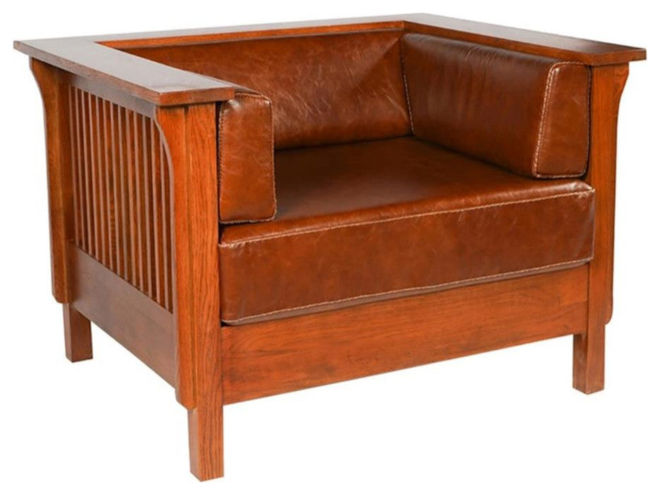 Arts and Crafts / Craftsman Cubic Slat Side Arm Chair - Chestnut Brown Leather