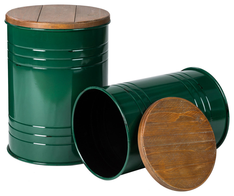 Farmhouse Metal With Solid Wood Seat Storage Stool, Set of 2, Hunter Green