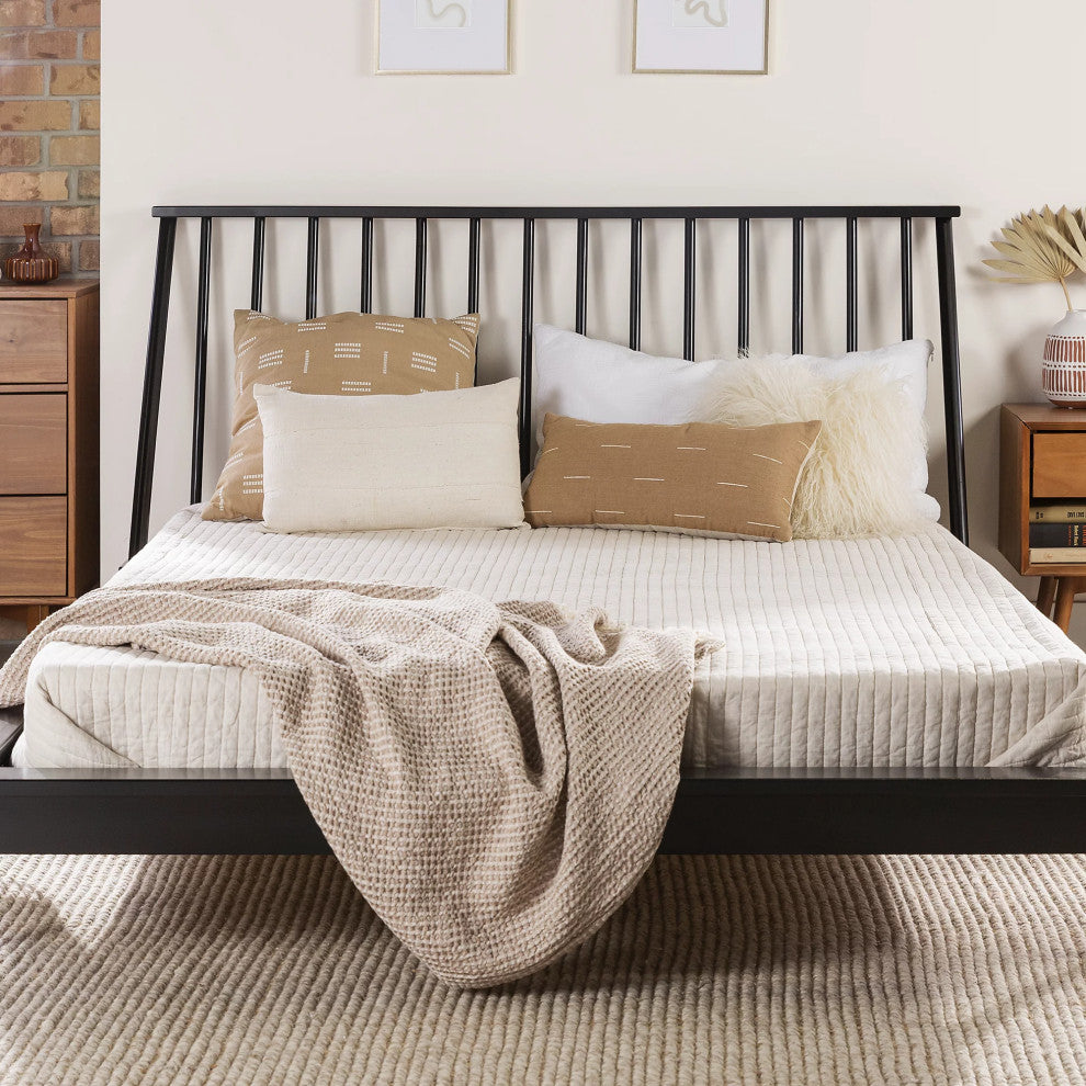 Queen Size Platform Bed, Pine Wood Construction With Spindle Headboard, Black