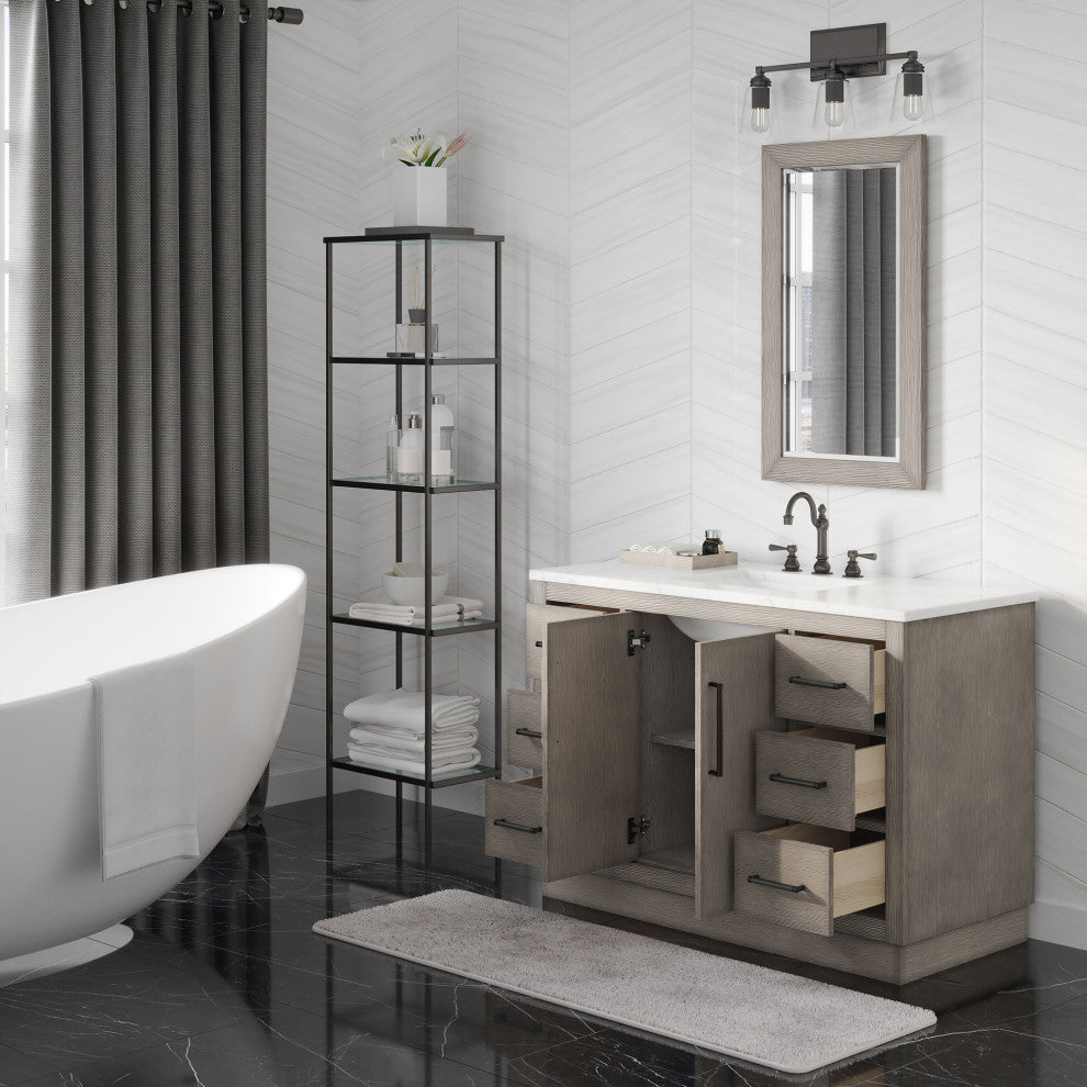 Hugo Carrara White Marble Countertop Bathroom Vanity in Grey Oak, Bronze Handle, 48", Vanity Only