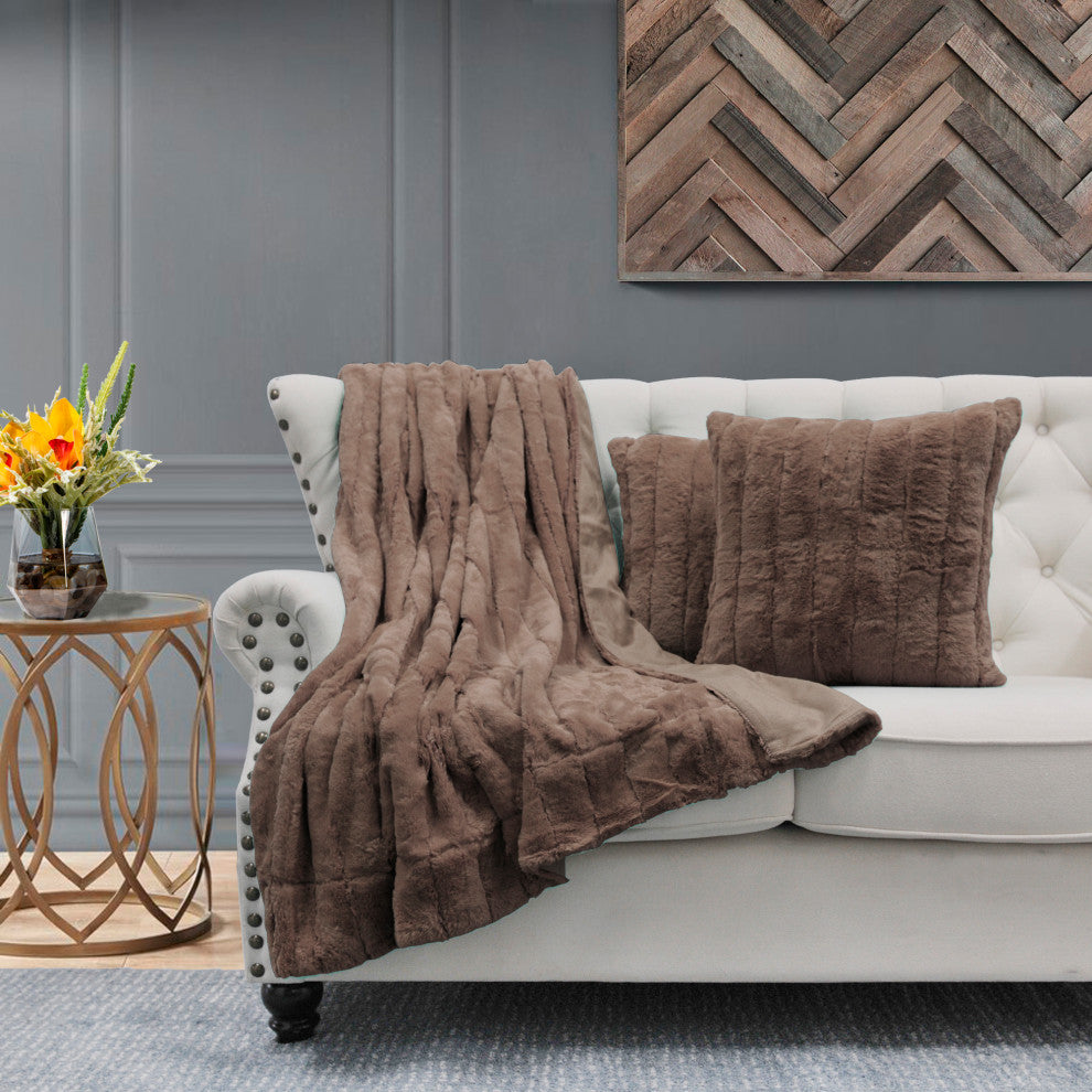 Rabbit Faux Fur Throw Blanket With 2 Pillows, Carafe