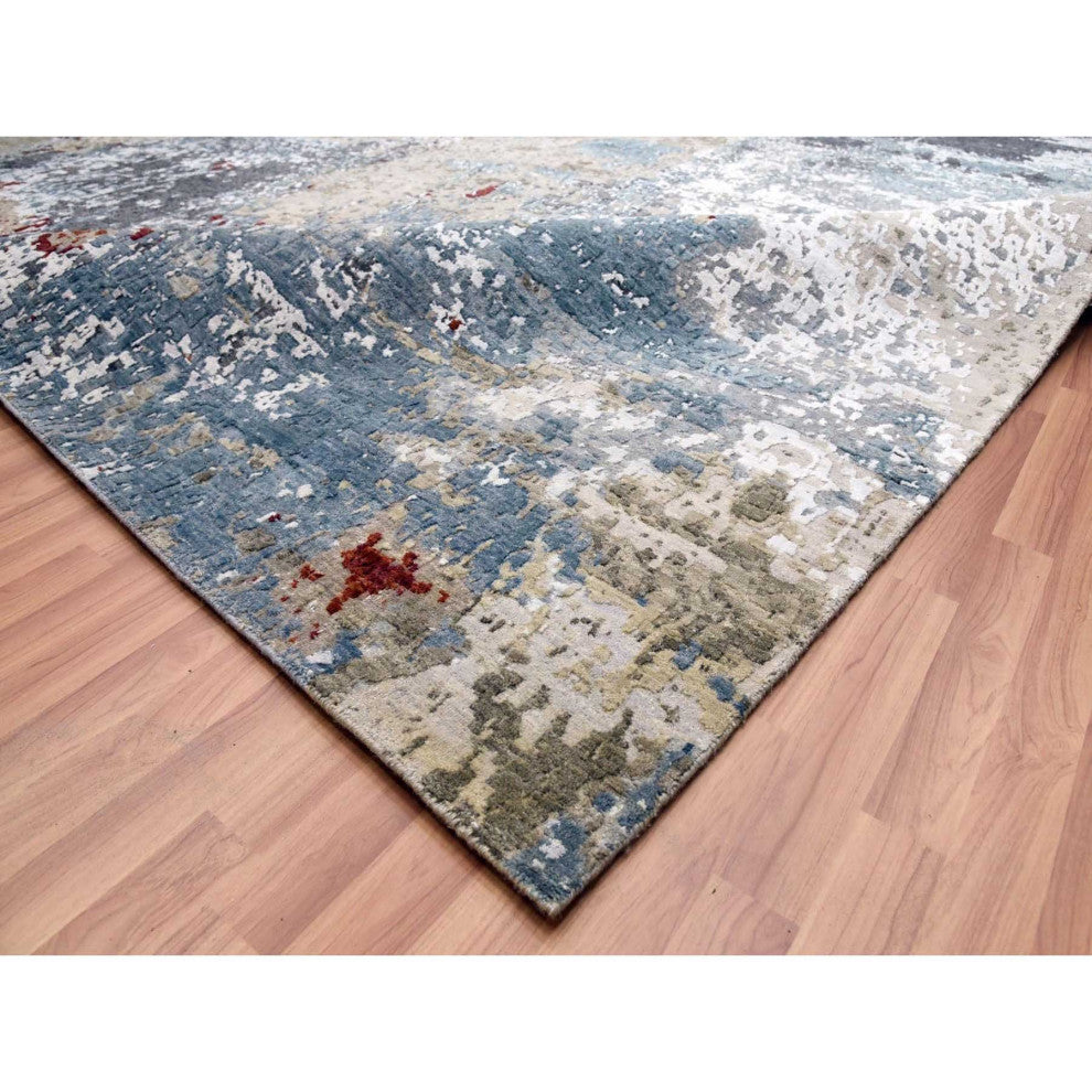 Blue Hand Knotted, Densely Woven Wool, Oversized Oriental Rug, 12'0"x15'2"